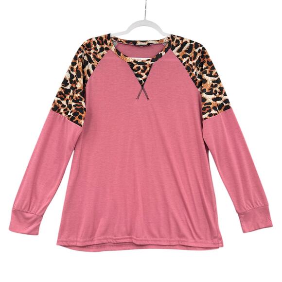 Coeur De Vague Pink Leopard Print Crew Neck Raglan Long Sleeve Shirt XXL - Picture 1 of 8
